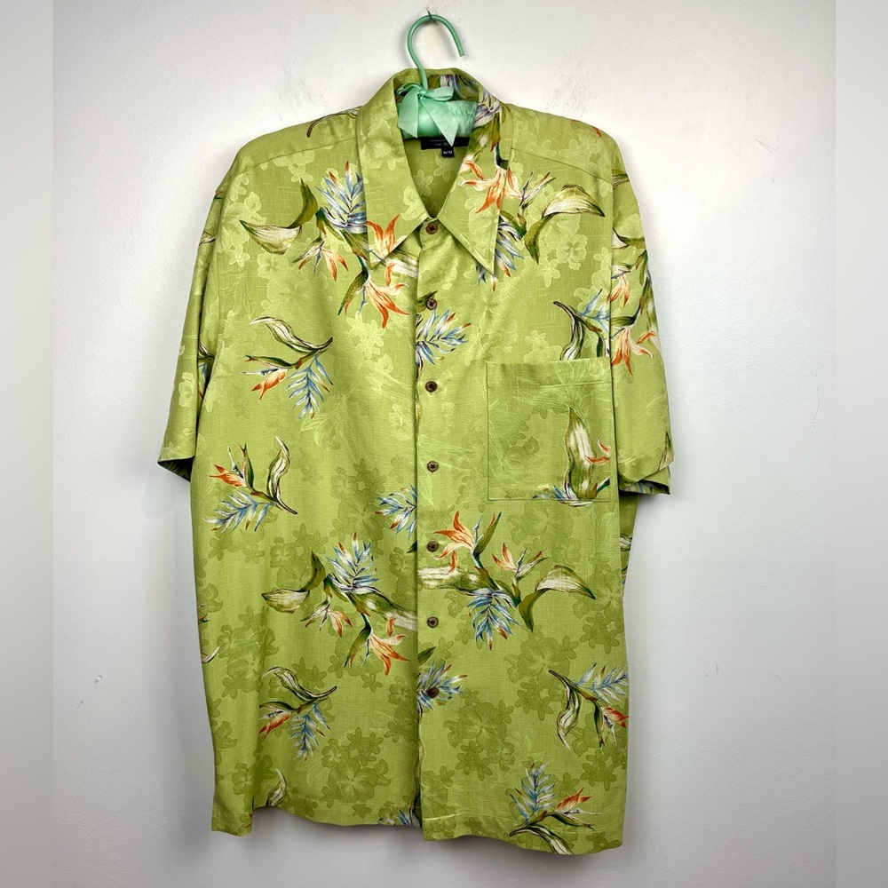 hathaway Mens hawaiin silk shirt Green Textured Tropical Print Size Med 42 Chest